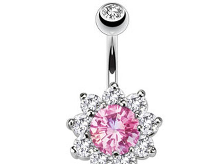 Flower Belly Button Bar Piercing with Clear and Pink Gems