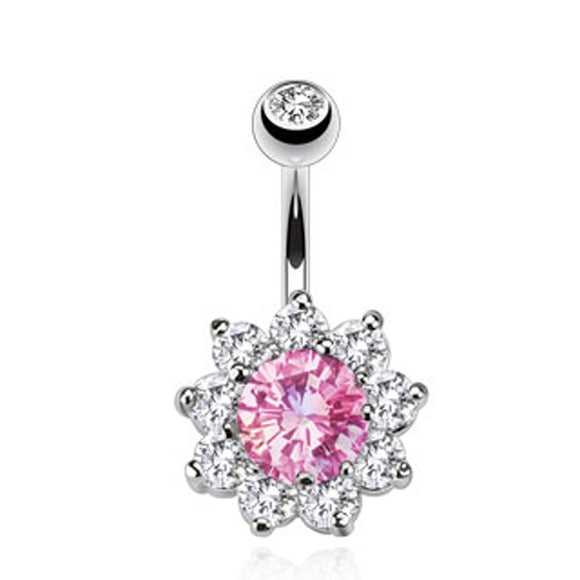 Flower Belly Button Bar Piercing with Clear and Pink Gems