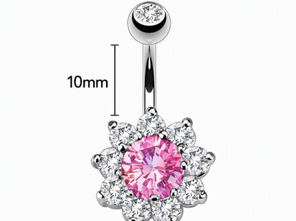 Flower Belly Button Bar Piercing with Clear and Pink Gems