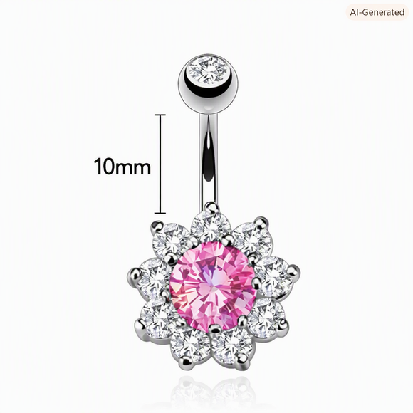 Flower Belly Button Bar Piercing with Clear and Pink Gems
