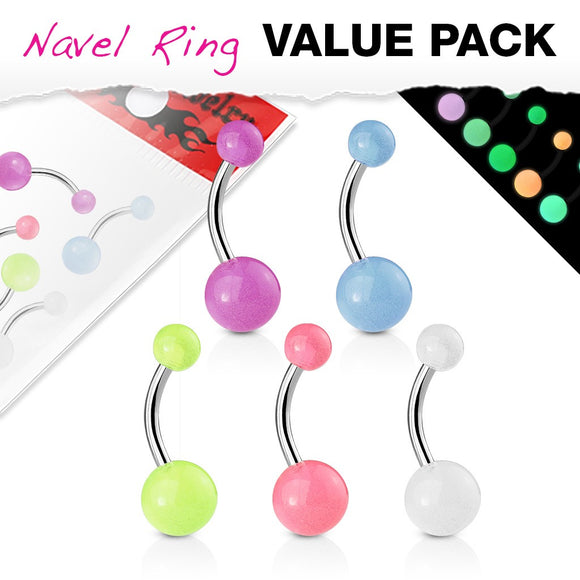 5 Pack of Belly Bars with Glow In The Dark Balls
