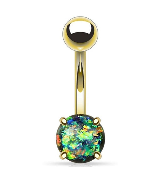 Gold Plated Belly Bar with Glitter Opal Ball