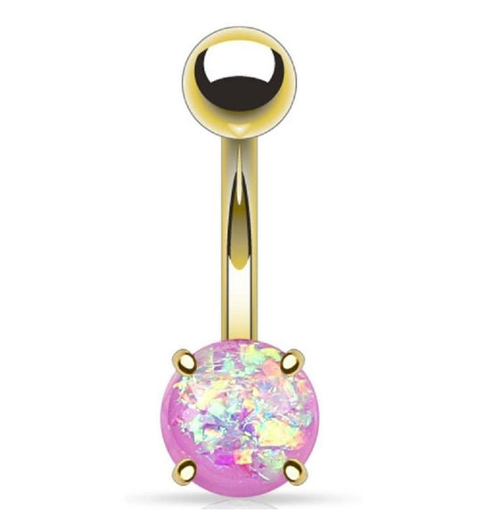 Gold Plated Belly Bar with Glitter Opal Ball