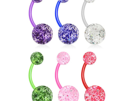 6 Pack of Bioflex Belly Button Bars with Ultra Glitter UV Balls