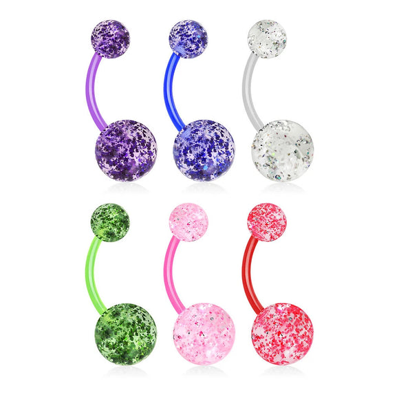 6 Pack of Bioflex Belly Button Bars with Ultra Glitter UV Balls