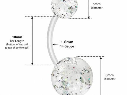 6 Pack of Bioflex Belly Button Bars with Ultra Glitter UV Balls