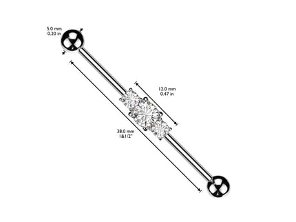 Industrial barbell with three linked CZs gems