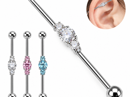 Industrial barbell with three linked CZs gems
