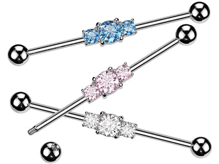 Industrial barbell with three linked CZs gems