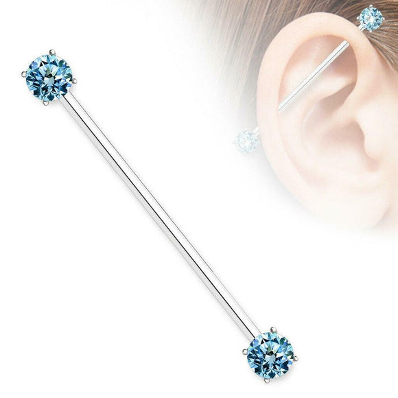 Industrial Barbell with Round CZ Prong Set Ends