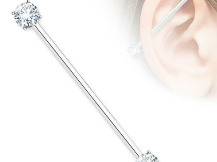 Industrial Barbell with Round CZ Prong Set Ends