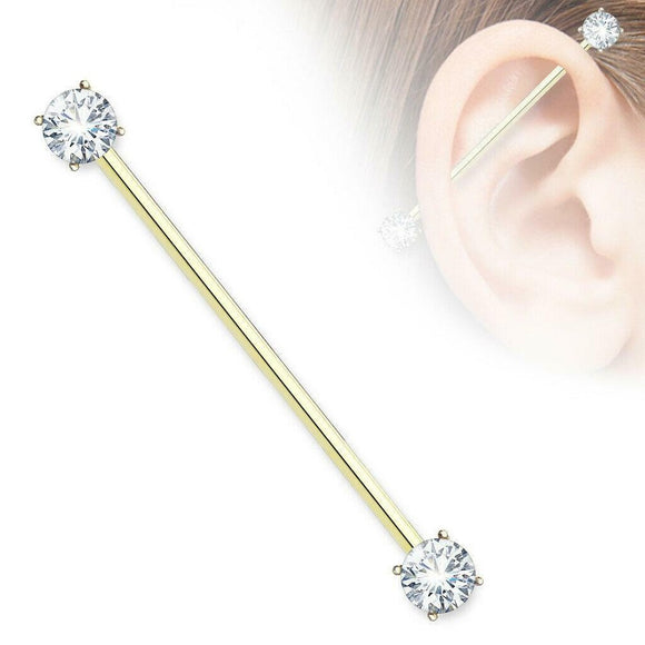 Industrial Barbell with Round CZ Prong Set Ends