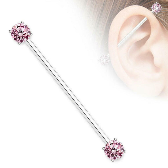 Industrial Barbell with Round CZ Prong Set Ends